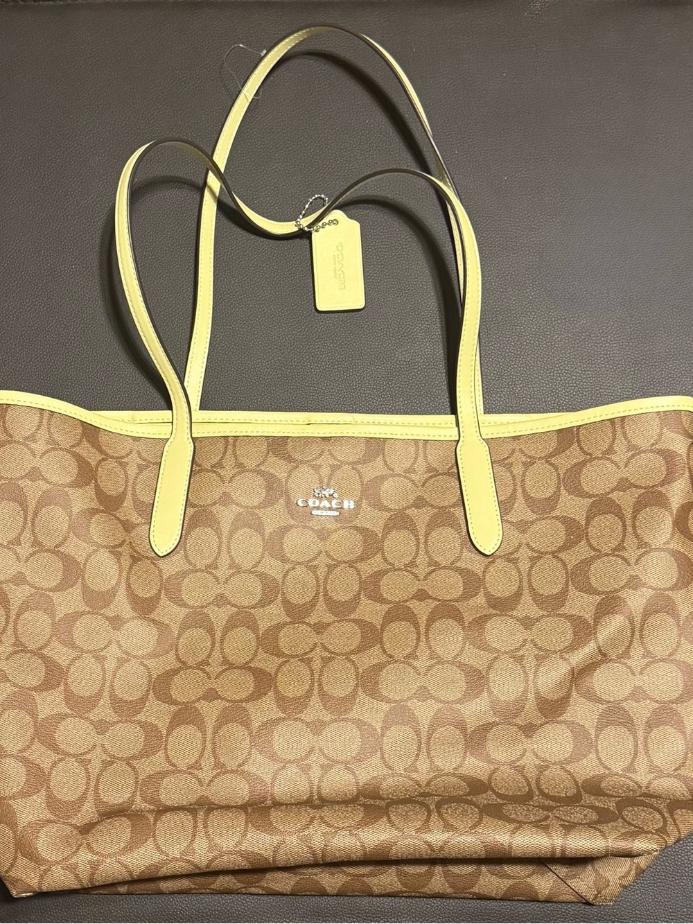 Coach Brown Signature Canvas Tote with Green Trim
